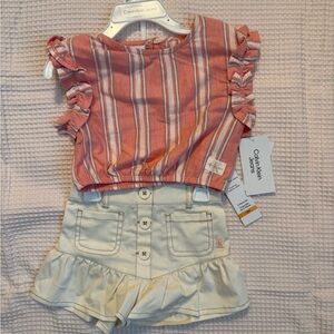 Calvin Klein Jeans Salmon Pink Striped Top and Cream Ruffle Shorts